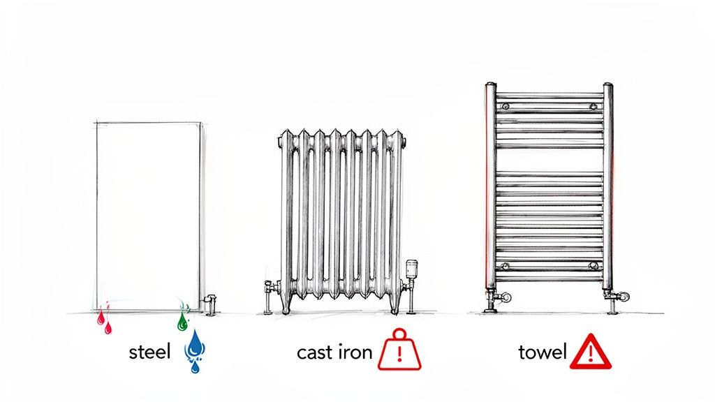 Sketches illustrating three types of radiators: steel, cast iron with a weight warning, and a towel warmer with a general warning.