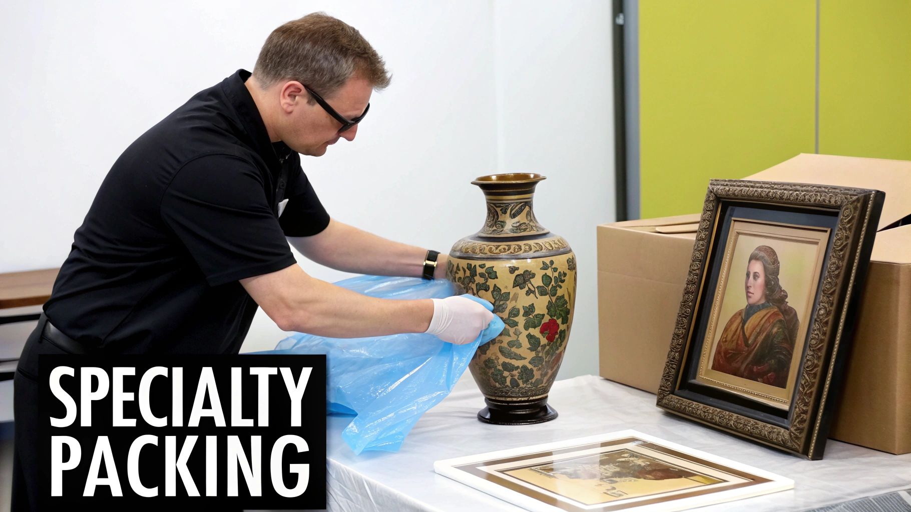 Professional moving specialist carefully wrapping decorative vase with blue protective material for safe transport