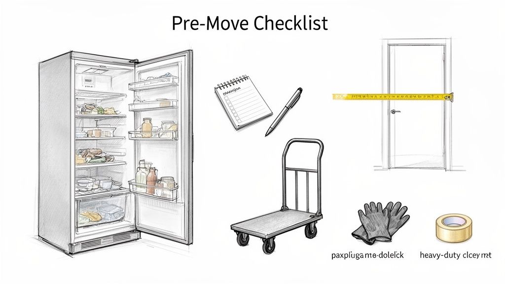 An illustration of a pre-move checklist featuring a refrigerator, dolly, measuring tape, and various moving supplies.