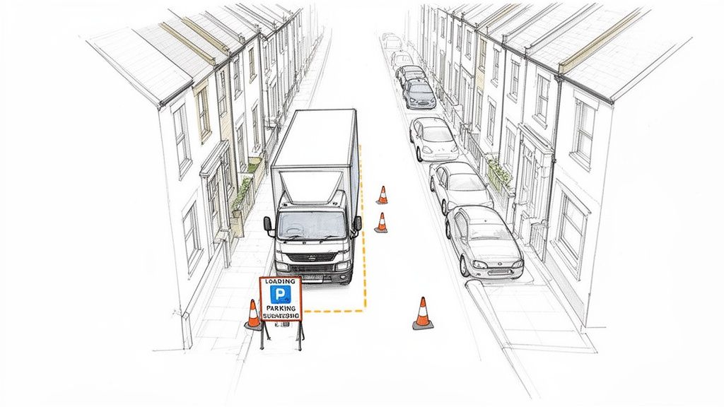 A moving truck parked on a narrow residential street with a loading sign and traffic cones.