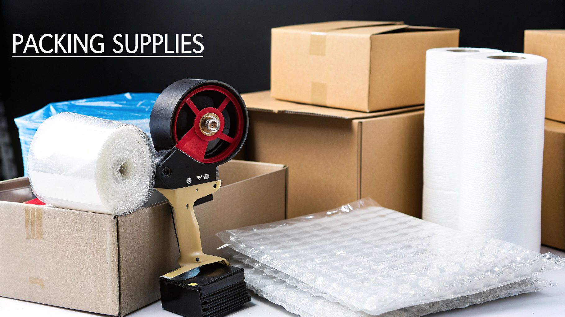A collection of moving and packing supplies, including cardboard boxes, bubble wrap, and tape dispenser.