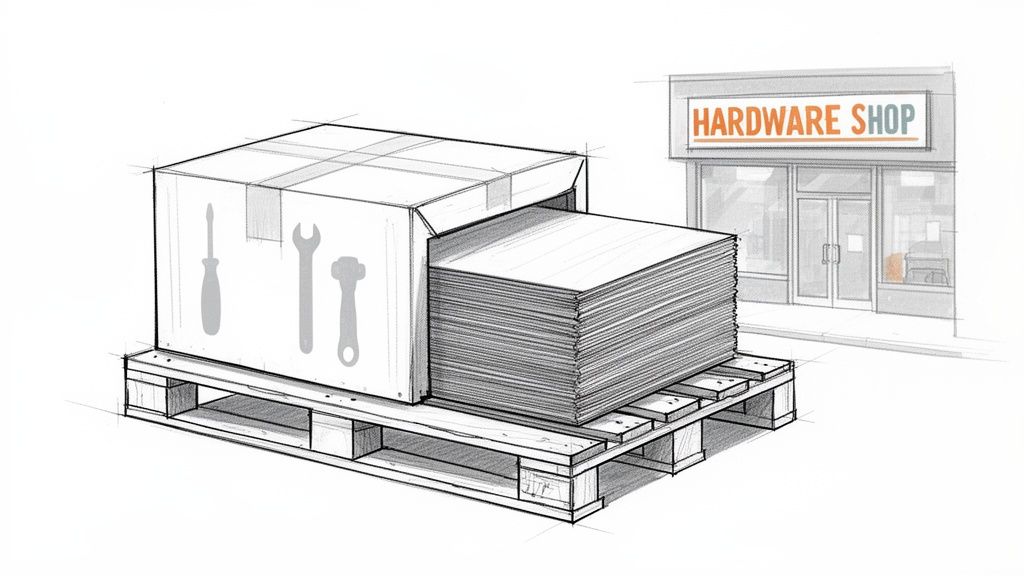A large cardboard box filled with sheets, displaying tool silhouettes, sits on a pallet near a hardware shop.