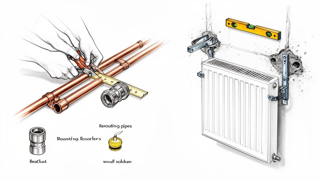 An illustration showing plumbing work: cutting copper pipes for rerouting and installing a radiator on a wall.