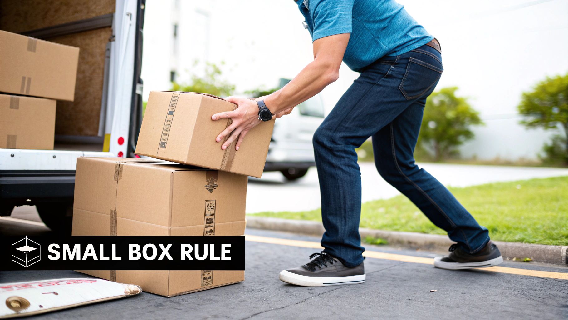 A stack of sealed brown cardboard moving boxes with labels on them