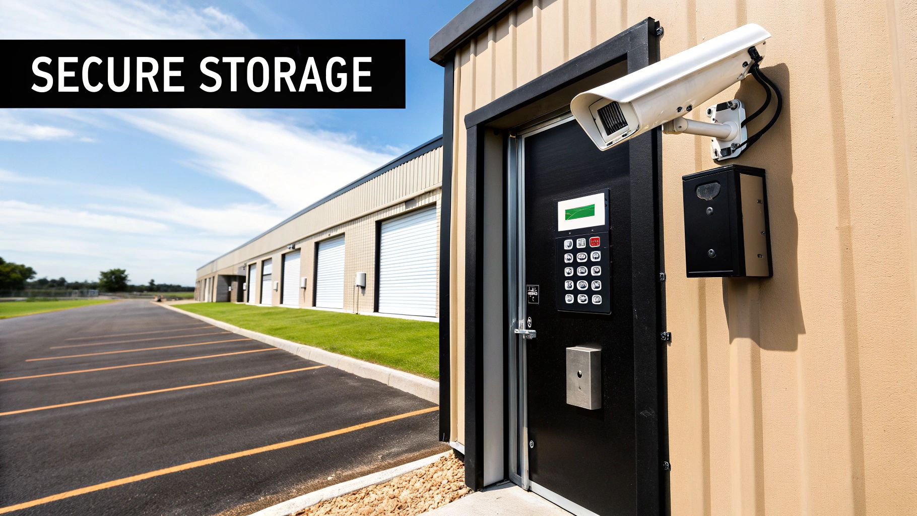 A secure, well-lit storage facility with CCTV cameras visible.