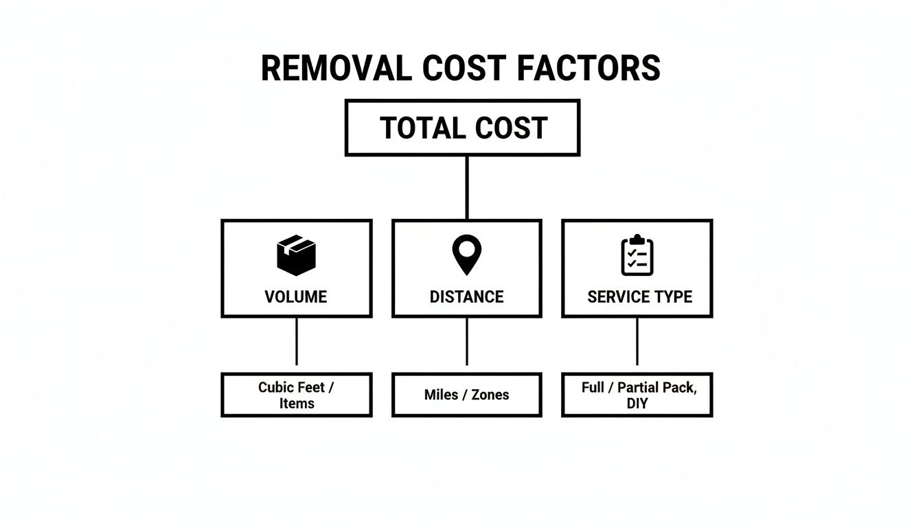 Diagram illustrating key factors influencing total removal cost: volume, distance, and service type.
