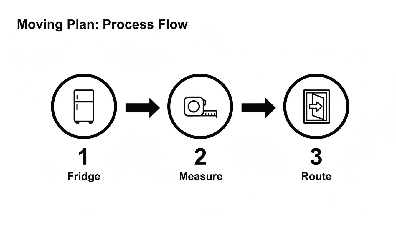 Process flow diagram illustrating three steps for moving a fridge: fridge, measure, and route.