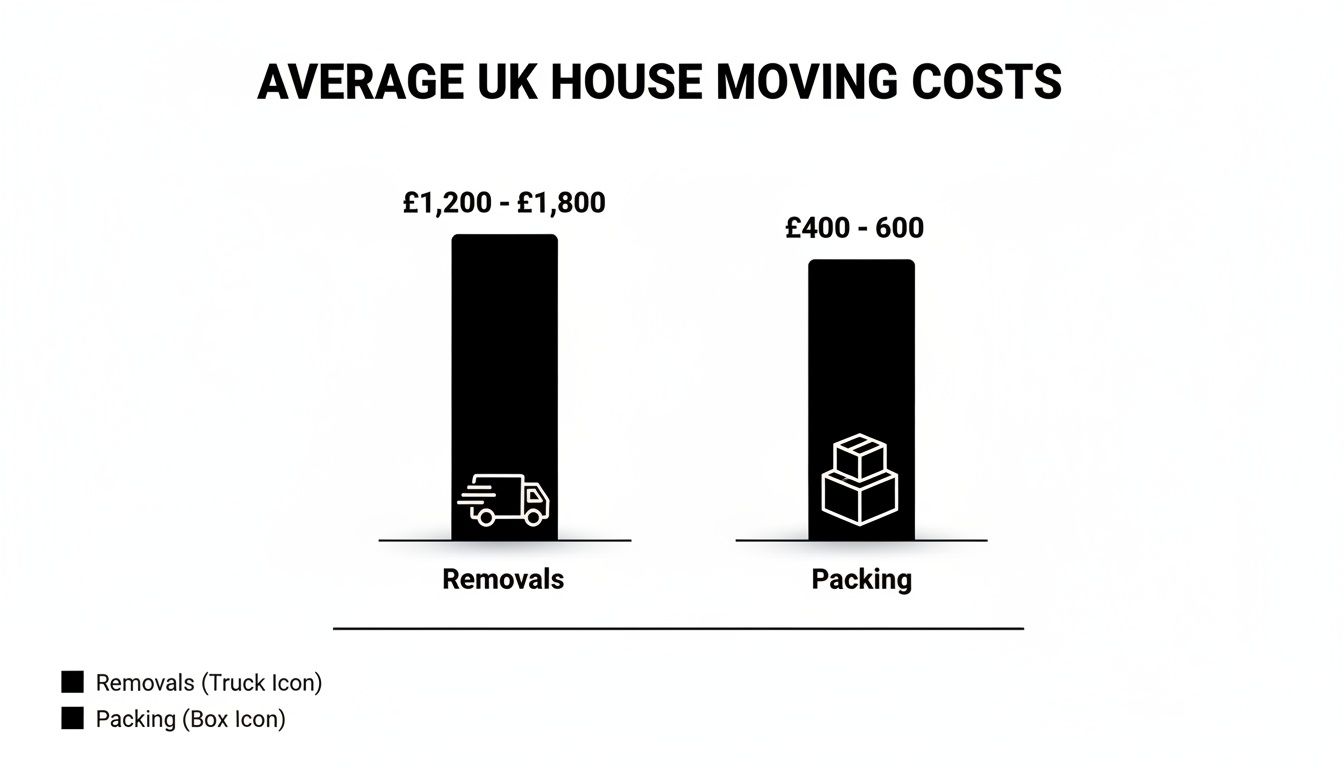 Bar chart showing average UK house moving costs: Removals £1,200-£1,800, Packing £400-£600.
