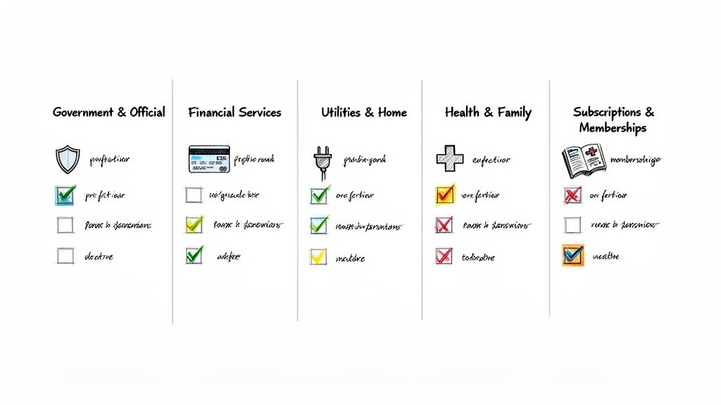 A comprehensive checklist for updating address details across government, financial, utilities, health, and subscriptions.