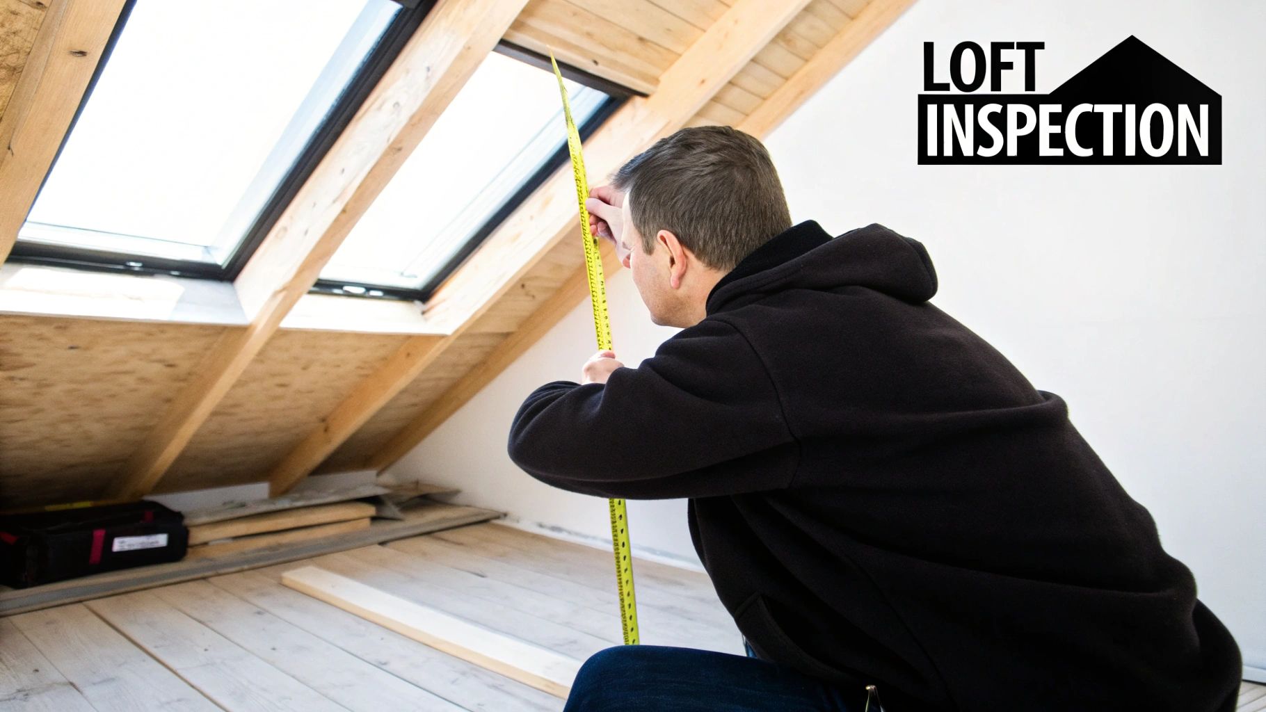 A partially completed loft conversion showing exposed beams, insulation, and new flooring, with a person inspecting the work.