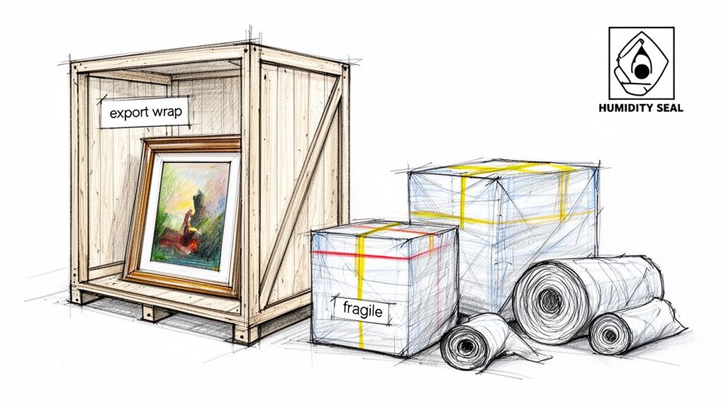 Sketch of export packing items: a wooden crate with artwork, wrapped boxes, and humidity seal.