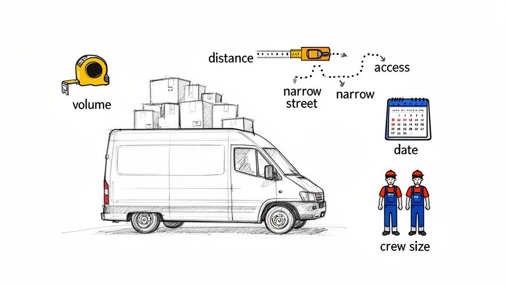 Illustration of a moving van and icons representing key factors influencing moving costs: volume, distance, date, and crew.