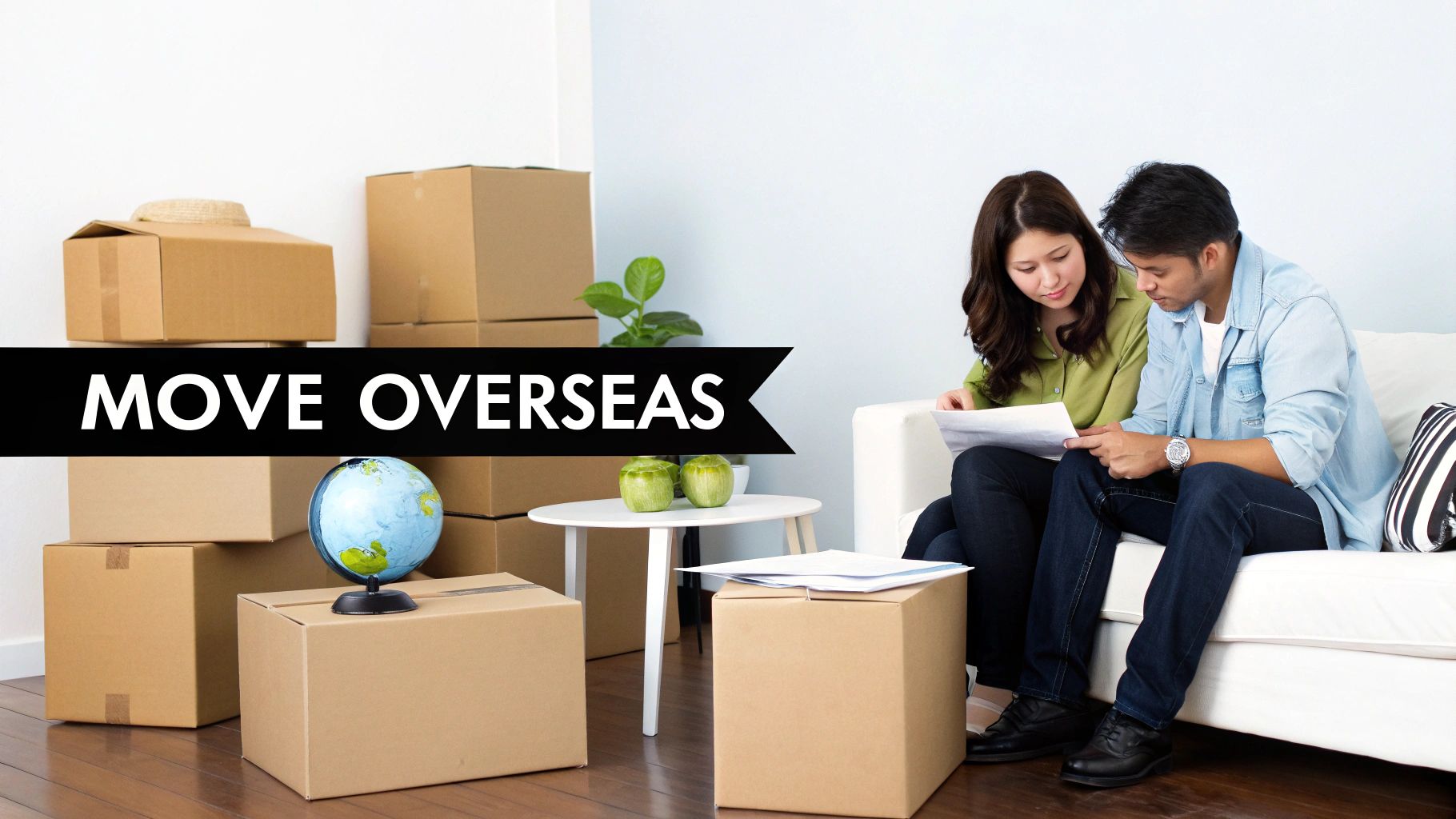 Young Asian couple sitting on couch reviewing documents surrounded by moving boxes planning international relocation