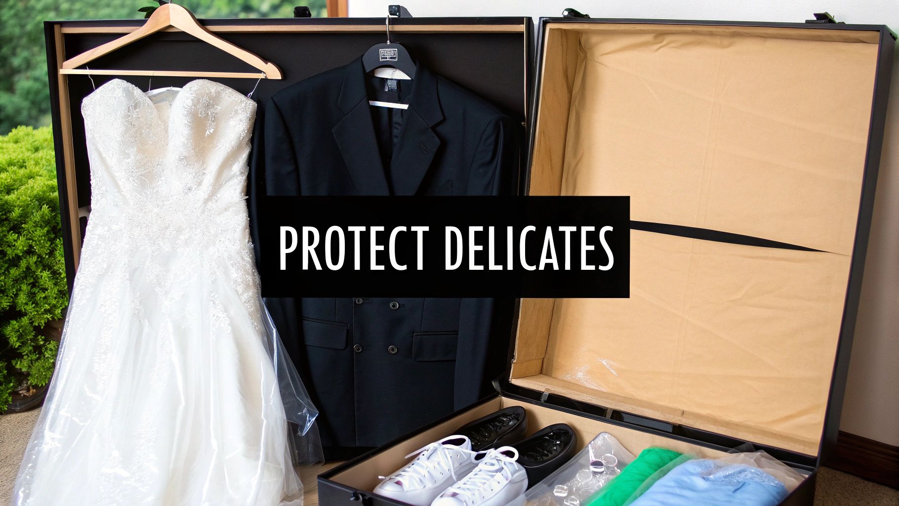 A person carefully placing a suit into a garment bag