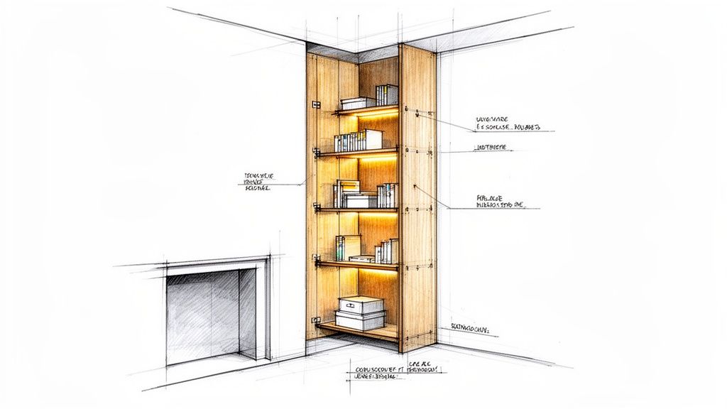 Hand-drawn architectural sketch of a stylish illuminated wooden corner bookshelf in an alcove, filled with books.