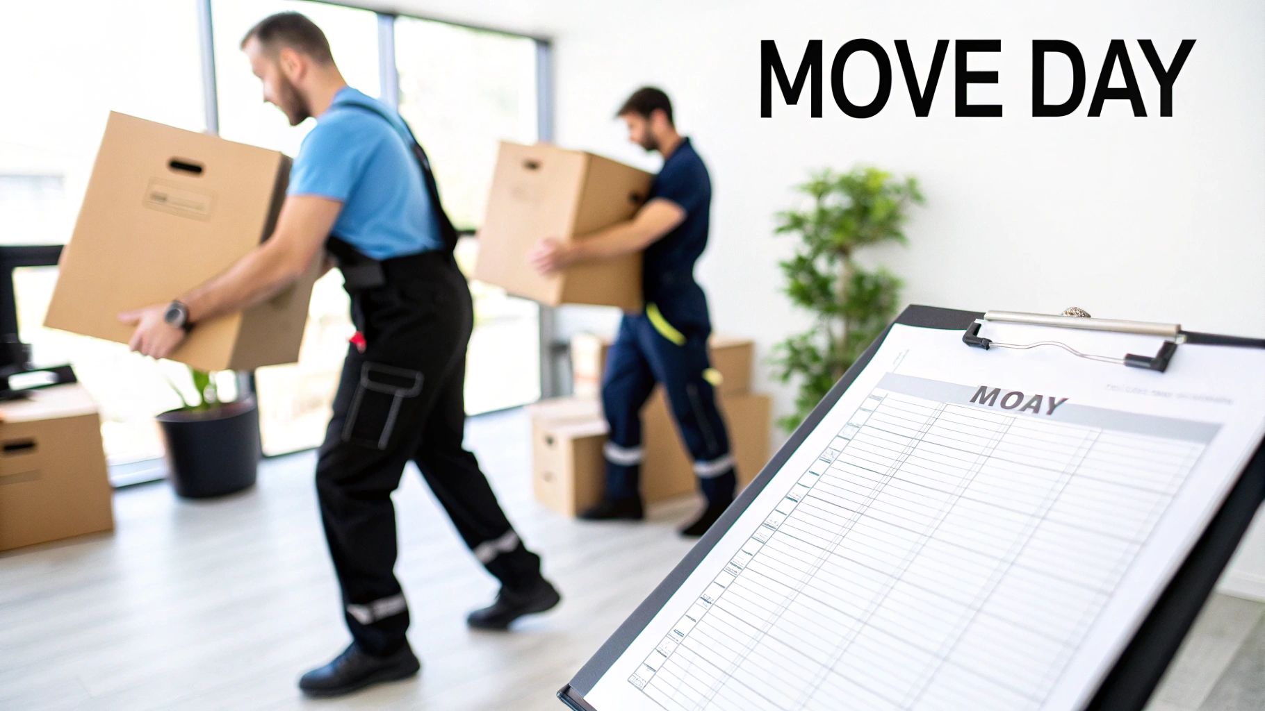 Professional movers carrying cardboard boxes with clipboard showing move day checklist in modern office space