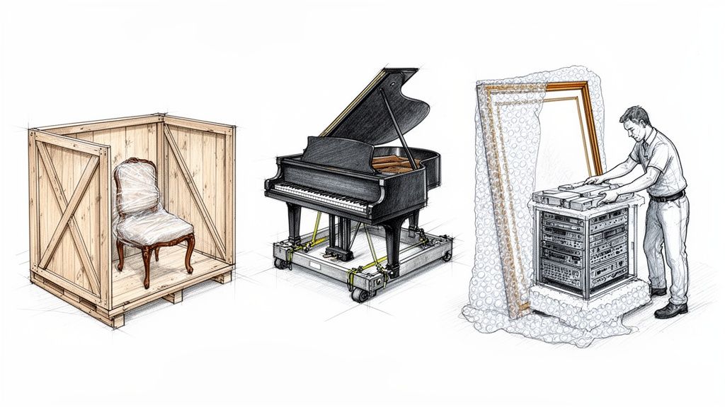 Professional packing of a chair in a crate, a grand piano, and electronics for moving.