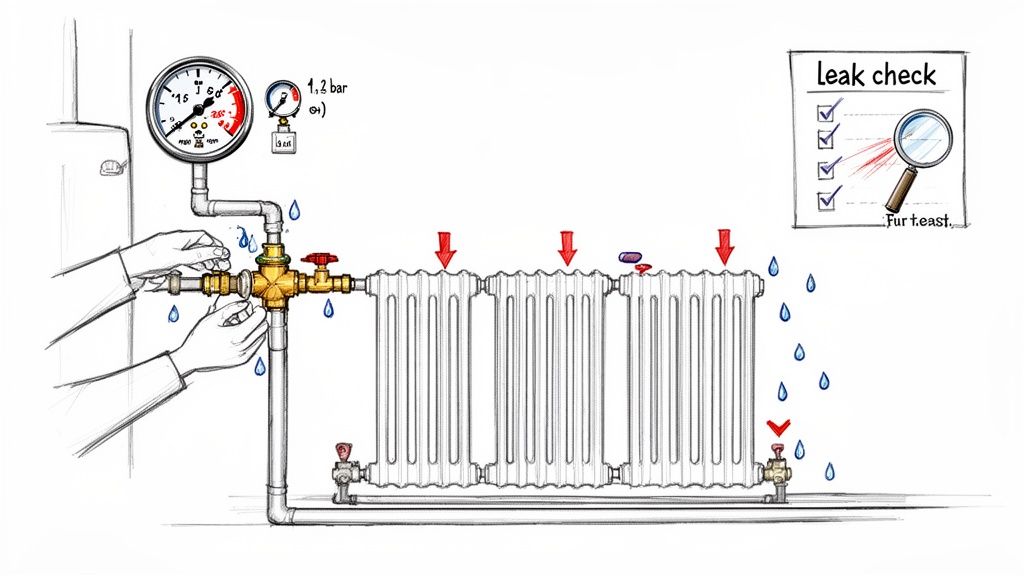 Illustration of a plumber checking for leaks in a heating system with a radiator and gauges.