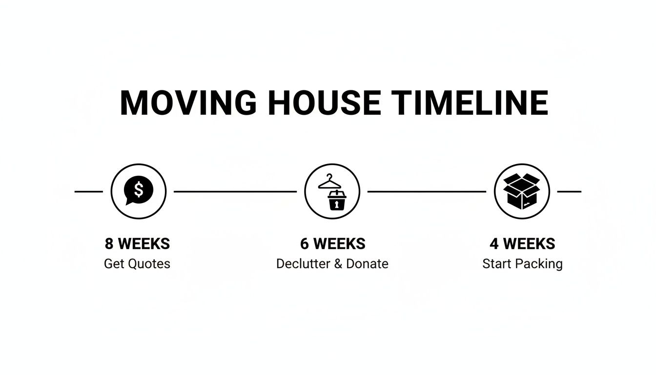 A moving house timeline infographic showing tasks at 8, 6, and 4 weeks before the move.
