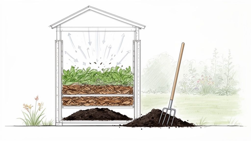 Cross-section of a multi-tiered compost bin showing organic waste, brown material, finished compost, and a pitchfork.
