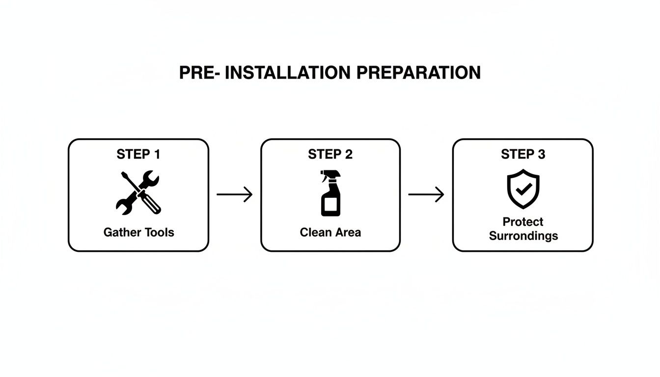 A flowchart showing three pre-installation preparation steps: gather tools, clean area, and protect surroundings.