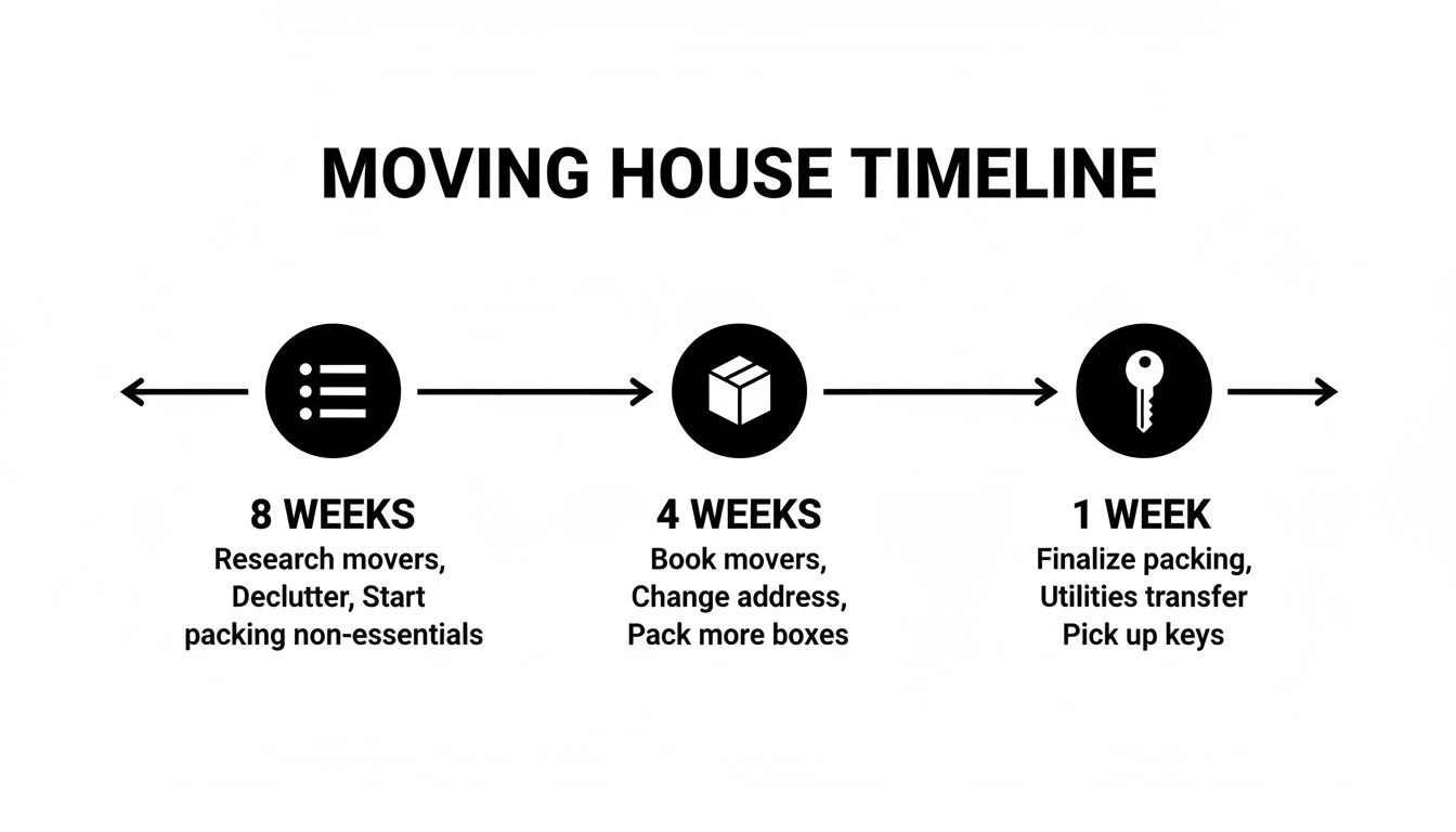 A moving house timeline infographic showing key tasks at 8 weeks, 4 weeks, and 1 week before moving.