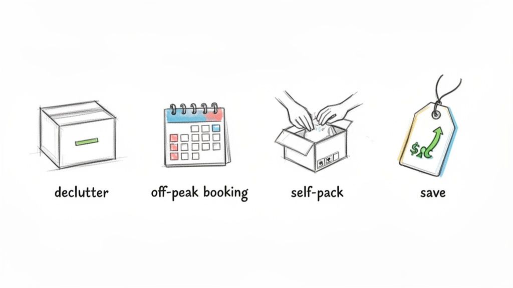 Four illustrated tips for saving money: decluttering, off-peak booking, self-packing, and saving.