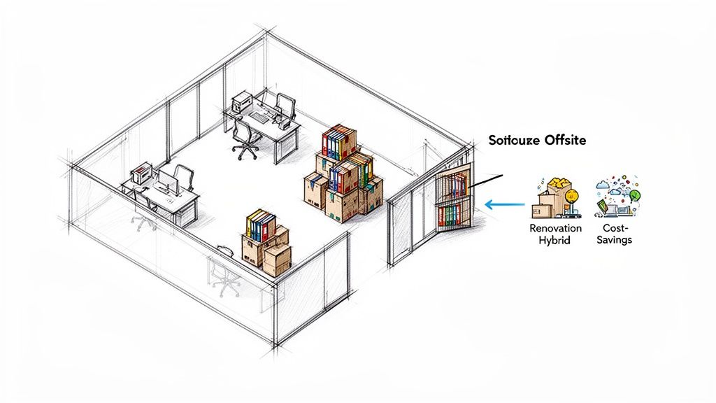 An office diagram showing numerous storage boxes and binders, indicating offsite solutions for renovation and cost savings.