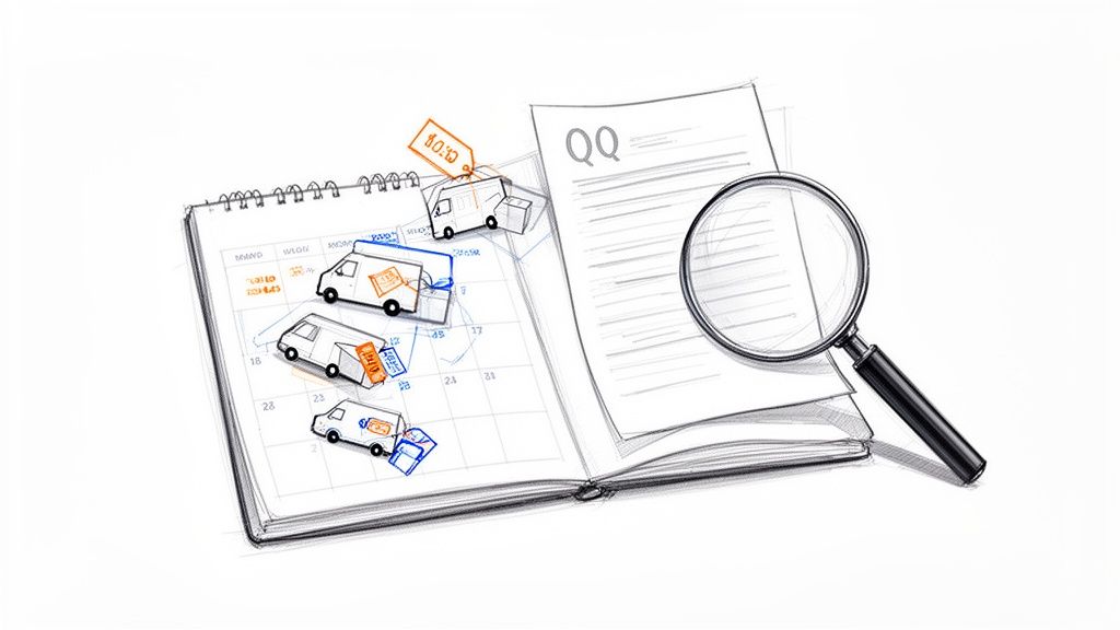 A hand-drawn sketch depicting delivery vans and packages on a calendar with a magnifying glass.