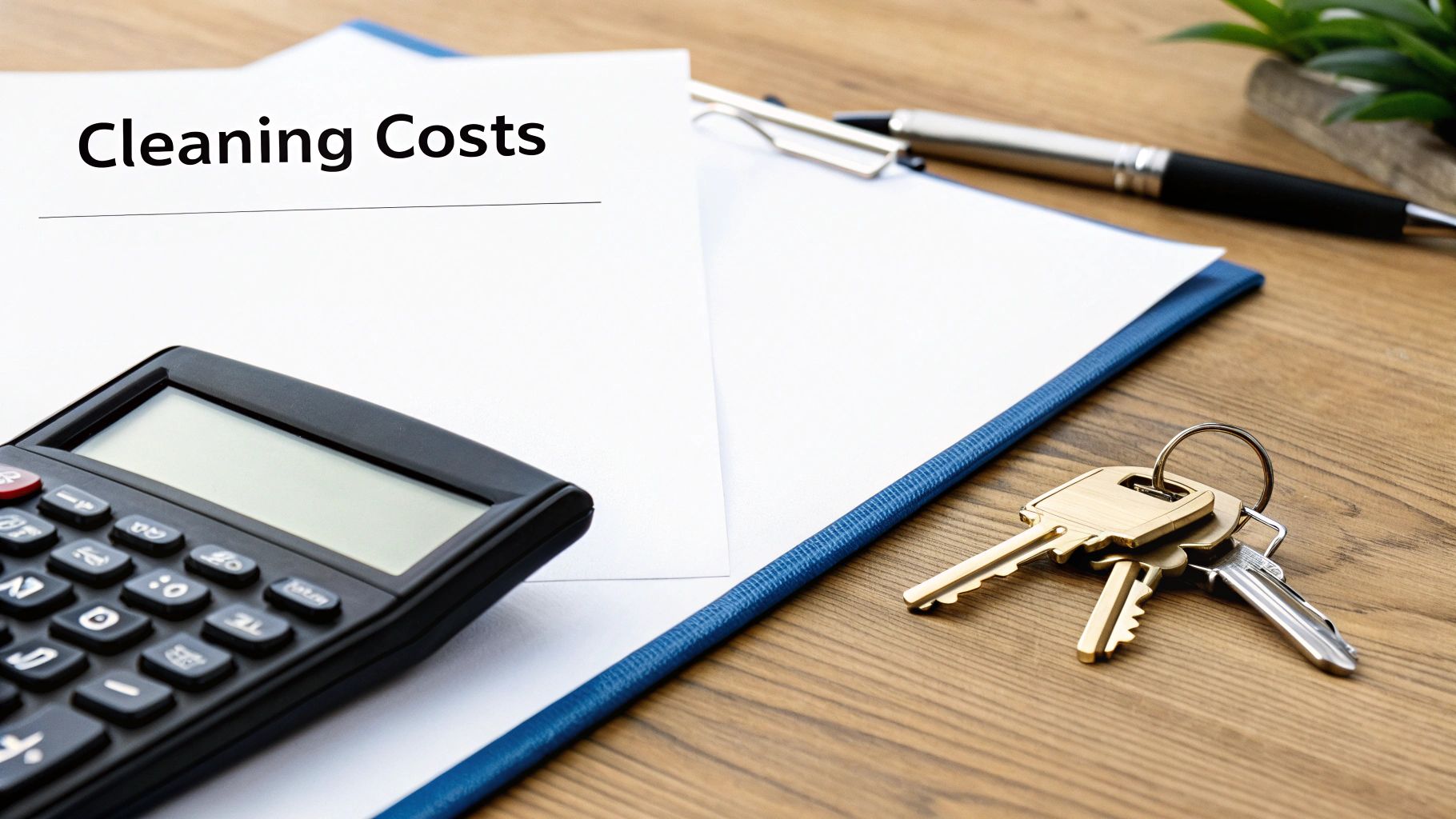 A person cleaning a kitchen with Bristol's Clifton Suspension Bridge visible through the window.