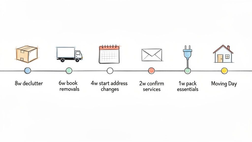 A detailed moving timeline outlining key steps and activities from 8 weeks before to Moving Day.