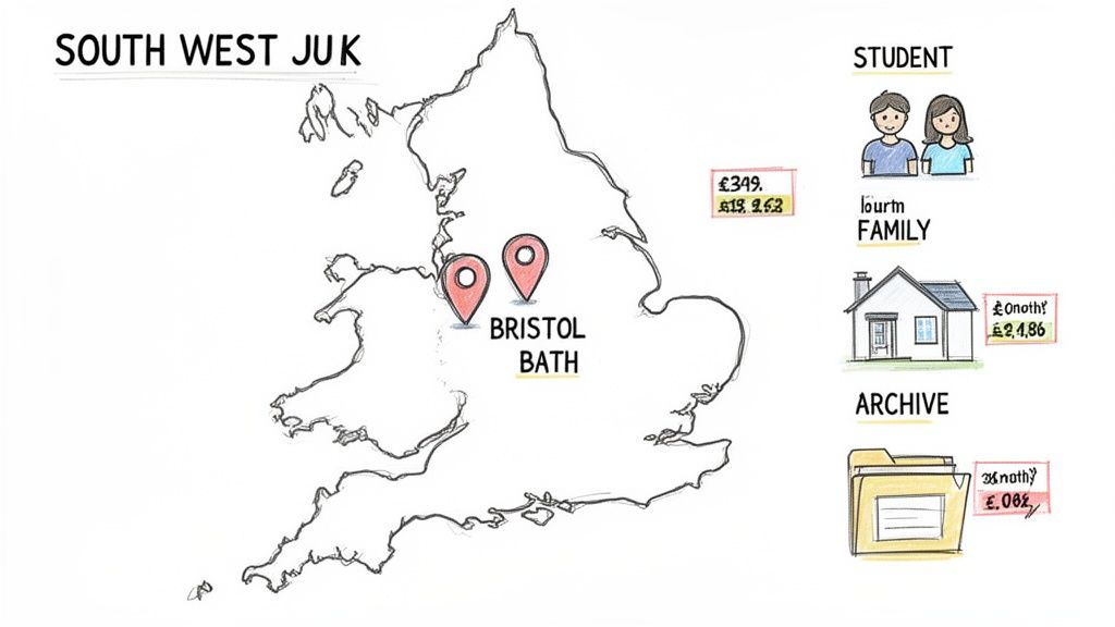 Map of the UK indicating Bristol and Bath, displaying storage costs for students, families, and archives.