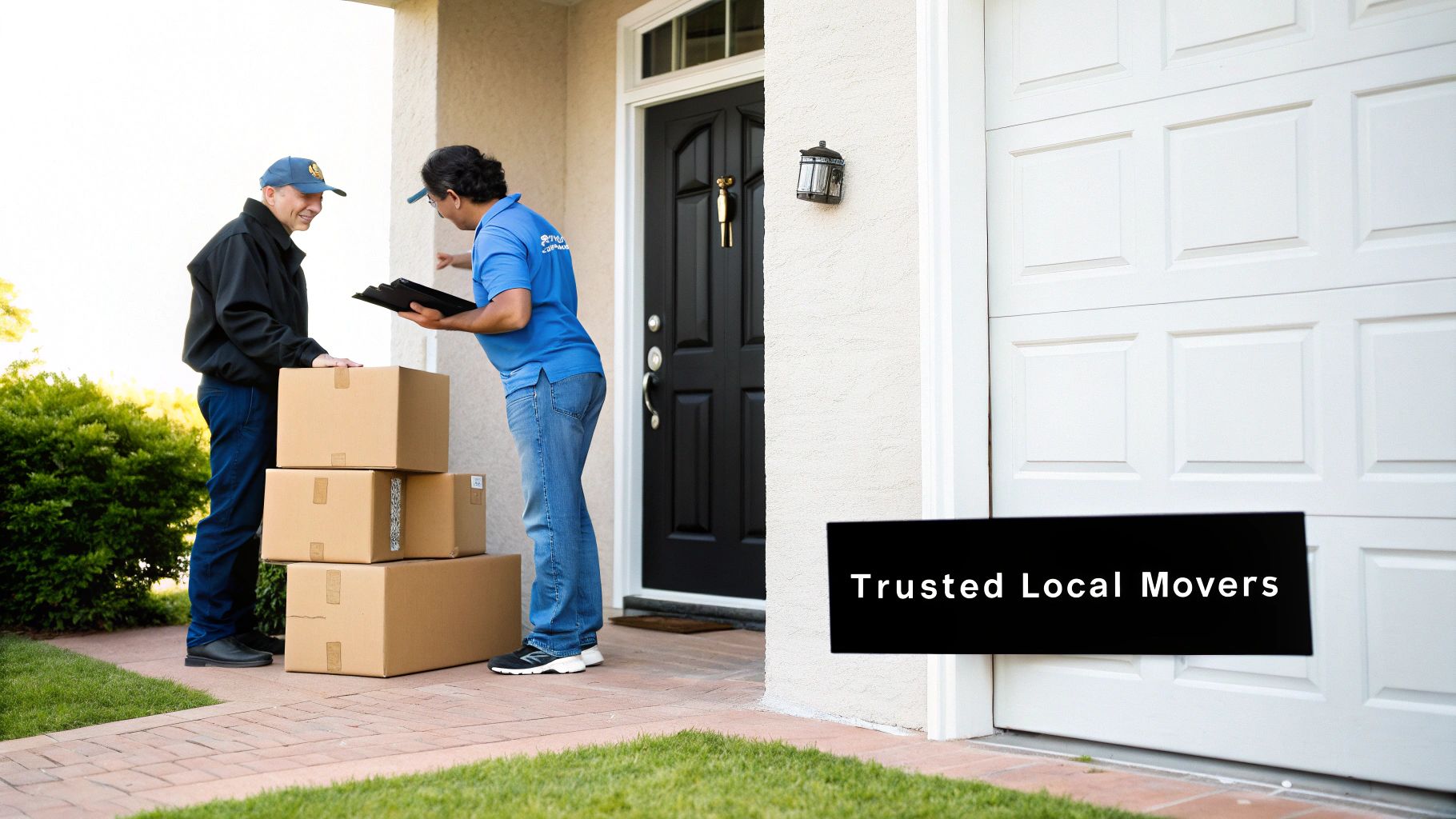 Two men, one a mover, on a porch with stacked moving boxes, discussing delivery.