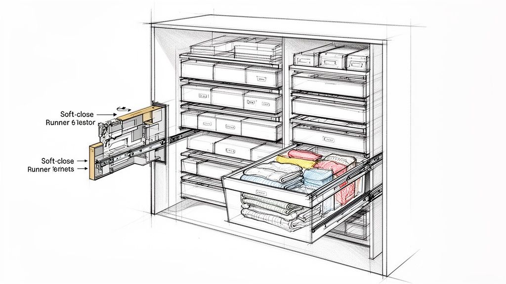 Detailed sketch of a wardrobe interior with soft-close drawer runners, multiple storage boxes, and a basket of folded clothes.