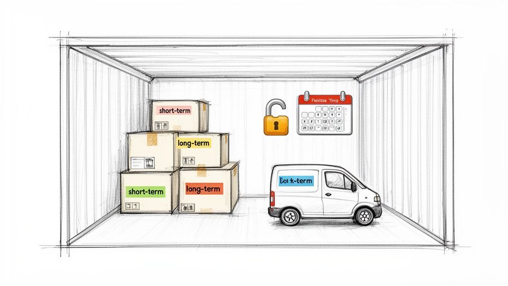 A sketch of a storage unit with boxes labeled 'short-term' and 'long-term', a van, padlock, and calendar.