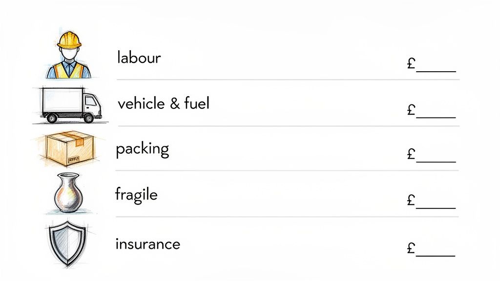 A list of moving service costs including labour, vehicle, packing, fragile items, and insurance, with blank spaces for pricing.