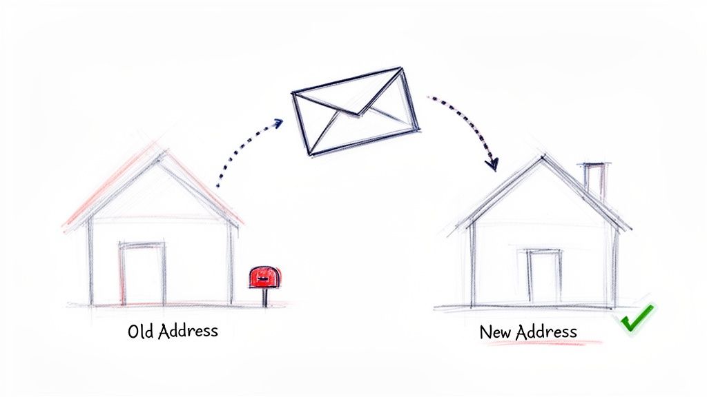 A sketch illustrating an envelope moving from an old address with a mailbox to a new address, symbolizing mail forwarding.