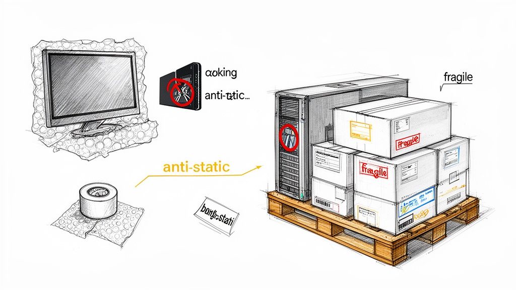 Illustration of computer equipment, including a monitor and server, being packed with anti-static materials and labeled fragile.