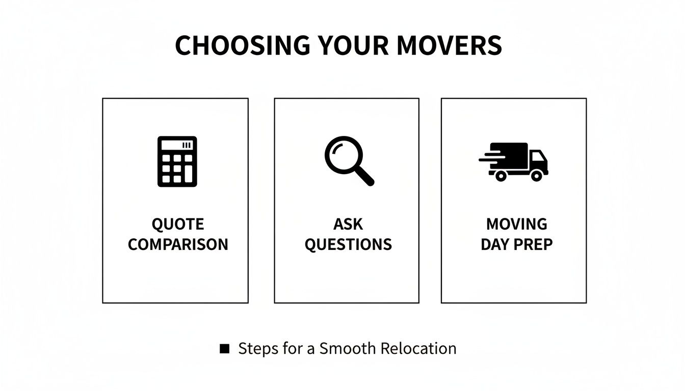 Three essential steps for choosing your movers: comparing quotes, asking questions, and preparing for moving day.