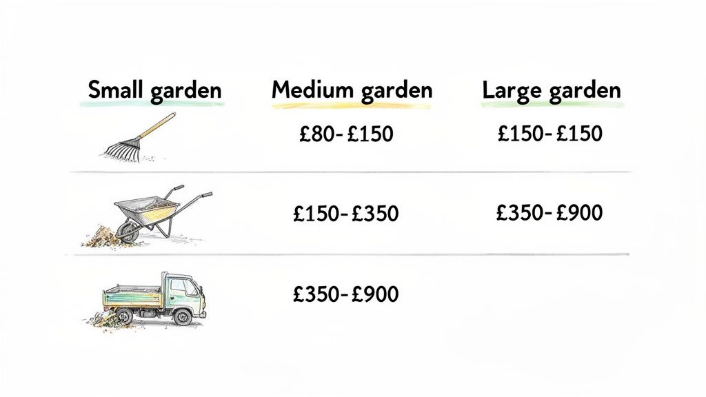 A table illustrating garden clearance costs in British Pounds, categorized by garden size and the amount of debris.