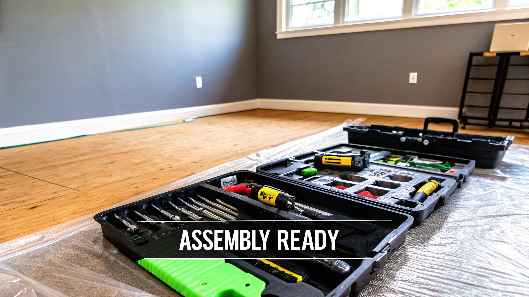 An open toolbox containing various tools for furniture assembly, placed on a plastic sheet on a wooden floor.