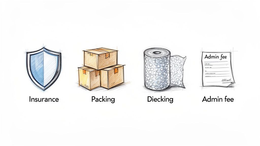 Hand-drawn icons depicting additional services: insurance, packing boxes, bubble wrap, and an admin fee document.