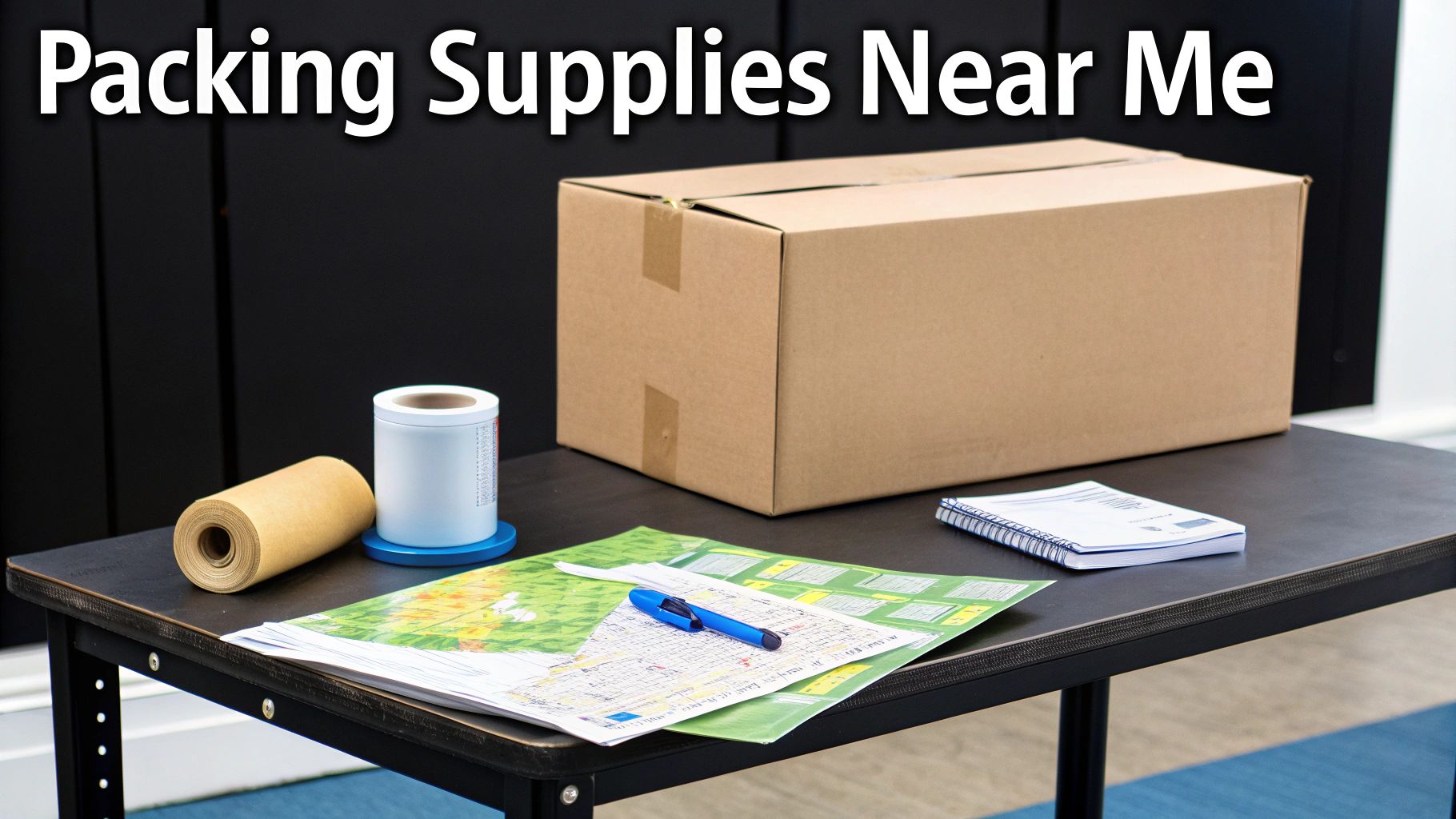 Cardboard box with packing tape, bubble wrap, and shipping supplies on black table