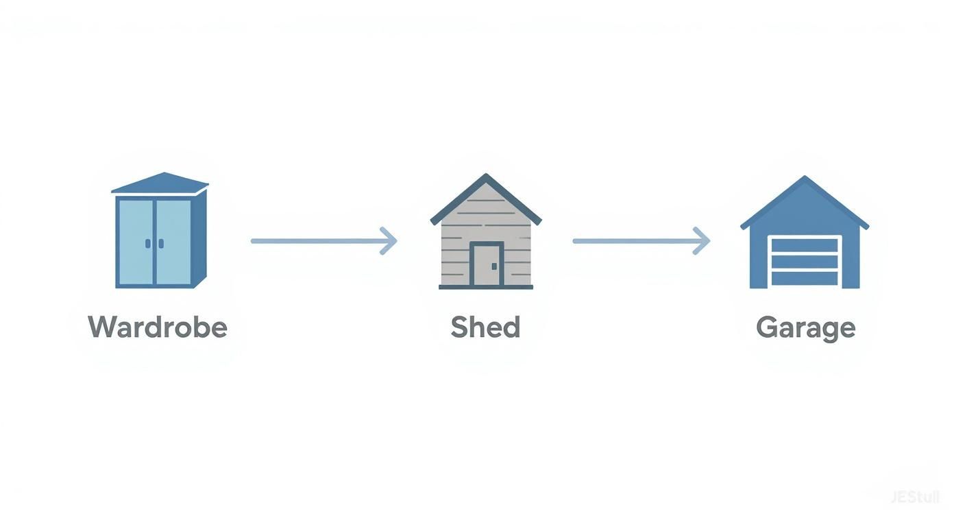 A diagram with icons illustrating storage size progression from a small wardrobe to a shed and a garage.