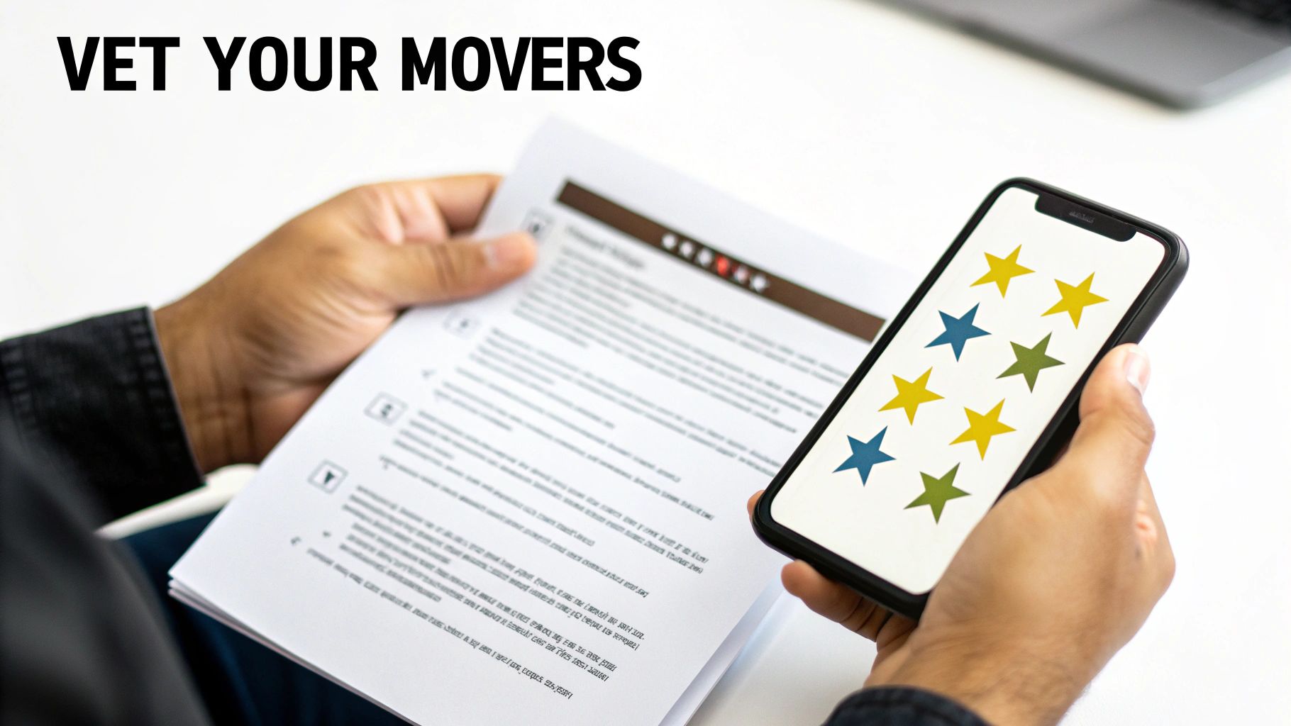 A person holds a document and a smartphone displaying colorful stars, with 'VET YOUR MOVERS' text.
