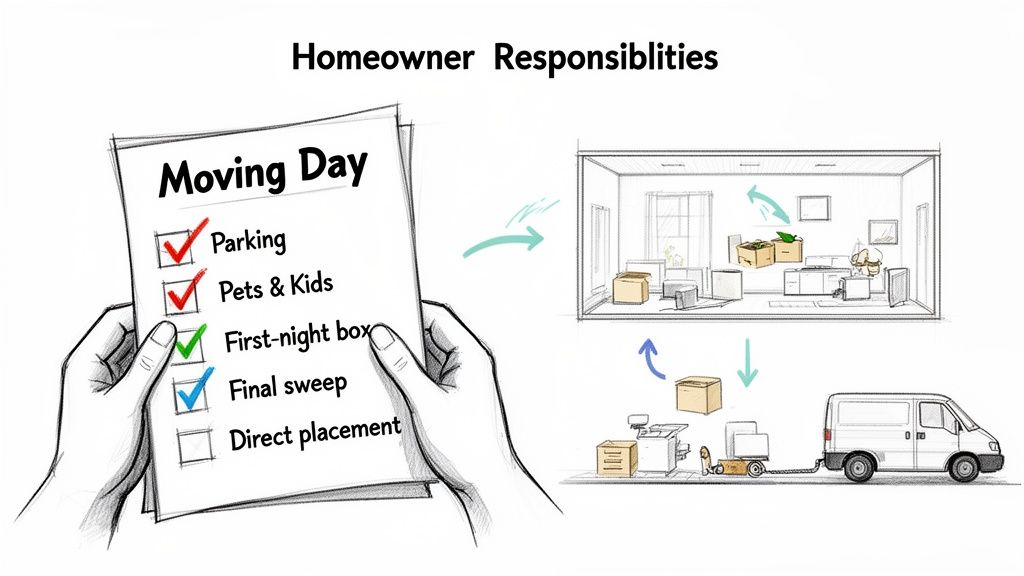Illustration showing a moving day checklist with tasks and items being transported by a moving van.