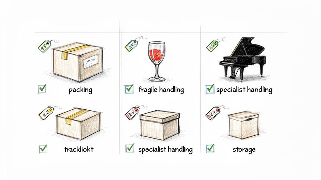 Illustrations depicting various moving services like packing, fragile handling, specialist handling, tracking, and storage with price tags.
