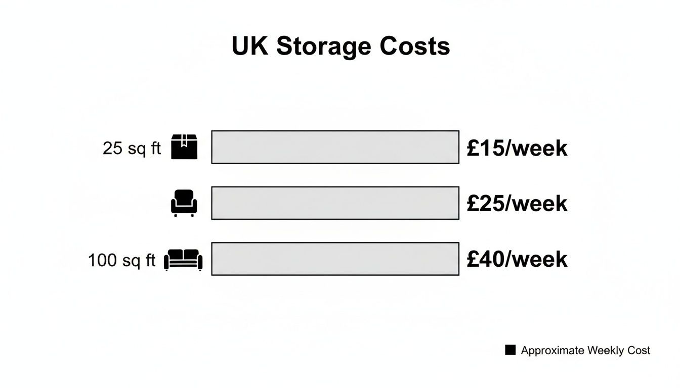 Chart showing UK storage costs: 25 sq ft for £15/week, armchair for £25/week, and 100 sq ft for £40/week.