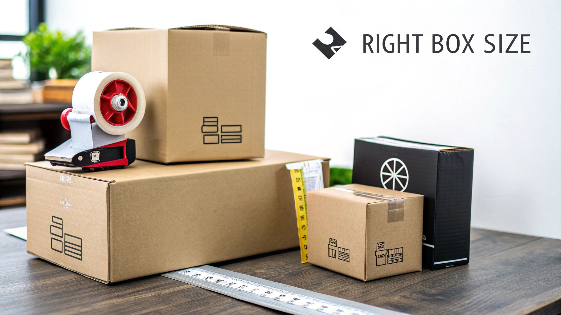Cardboard boxes, tape dispenser, measuring tape, and ruler on a table, illustrating proper packing.