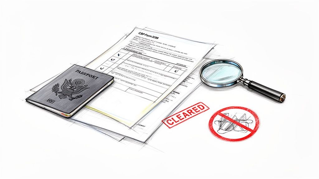 An illustration of a passport, customs form, magnifying glass, 'CLEARED' stamp, and 'no prohibited items' symbol, representing international travel clearance.